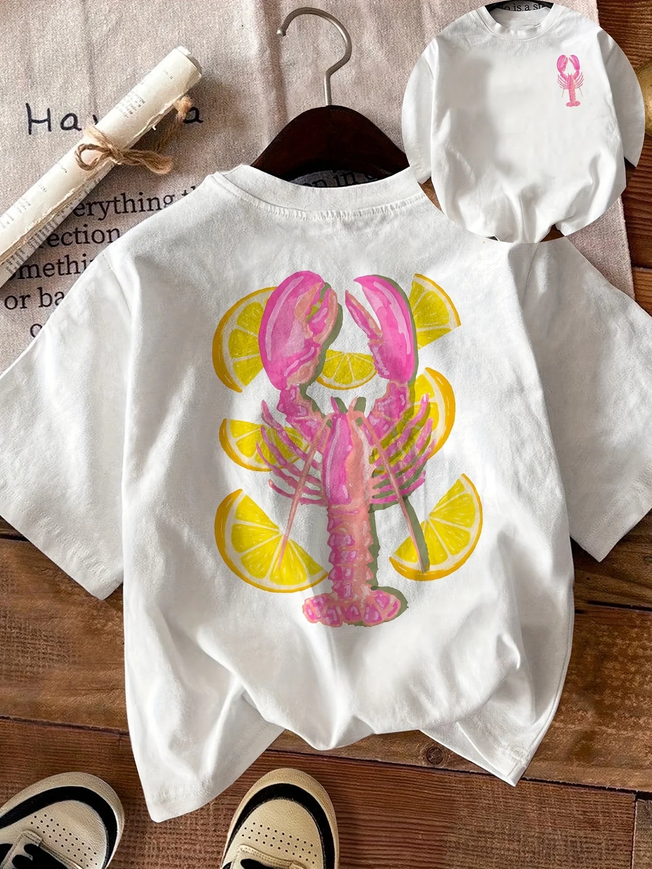Дамска тениска с къс ръкав с шарка на омар и резен лимон, летен топ, дамско плажно облекло, лятно улично облекло, графични тениски за жени от 2000 г.