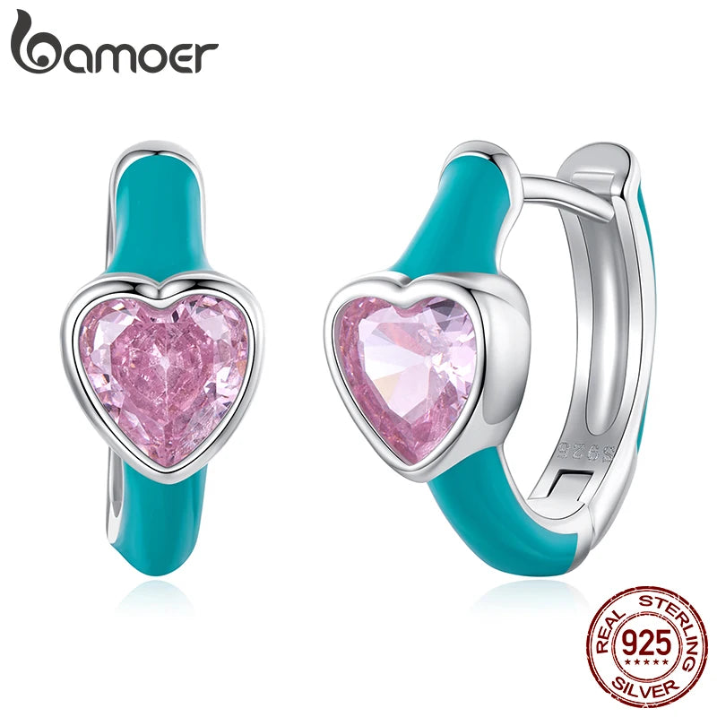 Bamoer 925 стерлингово сребро розов циркон изявление закопчалки за уши емайлирани зелени Huggies обеци халки за жени тийнейджъри ярки бижута
