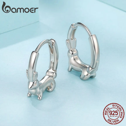 Сребърни обеци BAMOER 925 с животински зайци за жени тийнейджъри, сладки обеци Huggies с патешки хрущял, подарък за детство