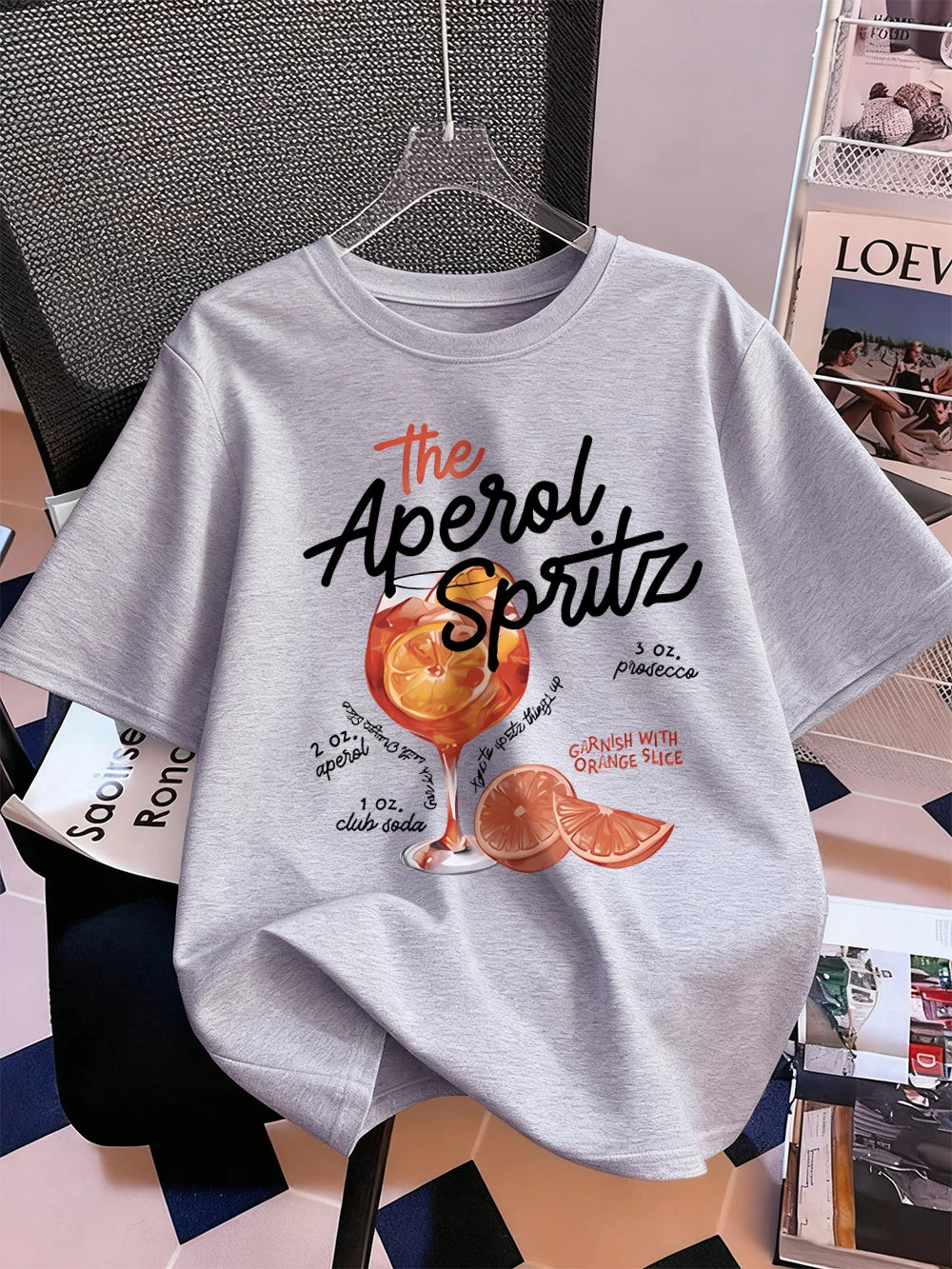 Тениска с щампи на Aperol Spritz с лимон, дамски памучен летен топ с къс ръкав, удобна широка тениска с О-образно деколте, спортни дрехи