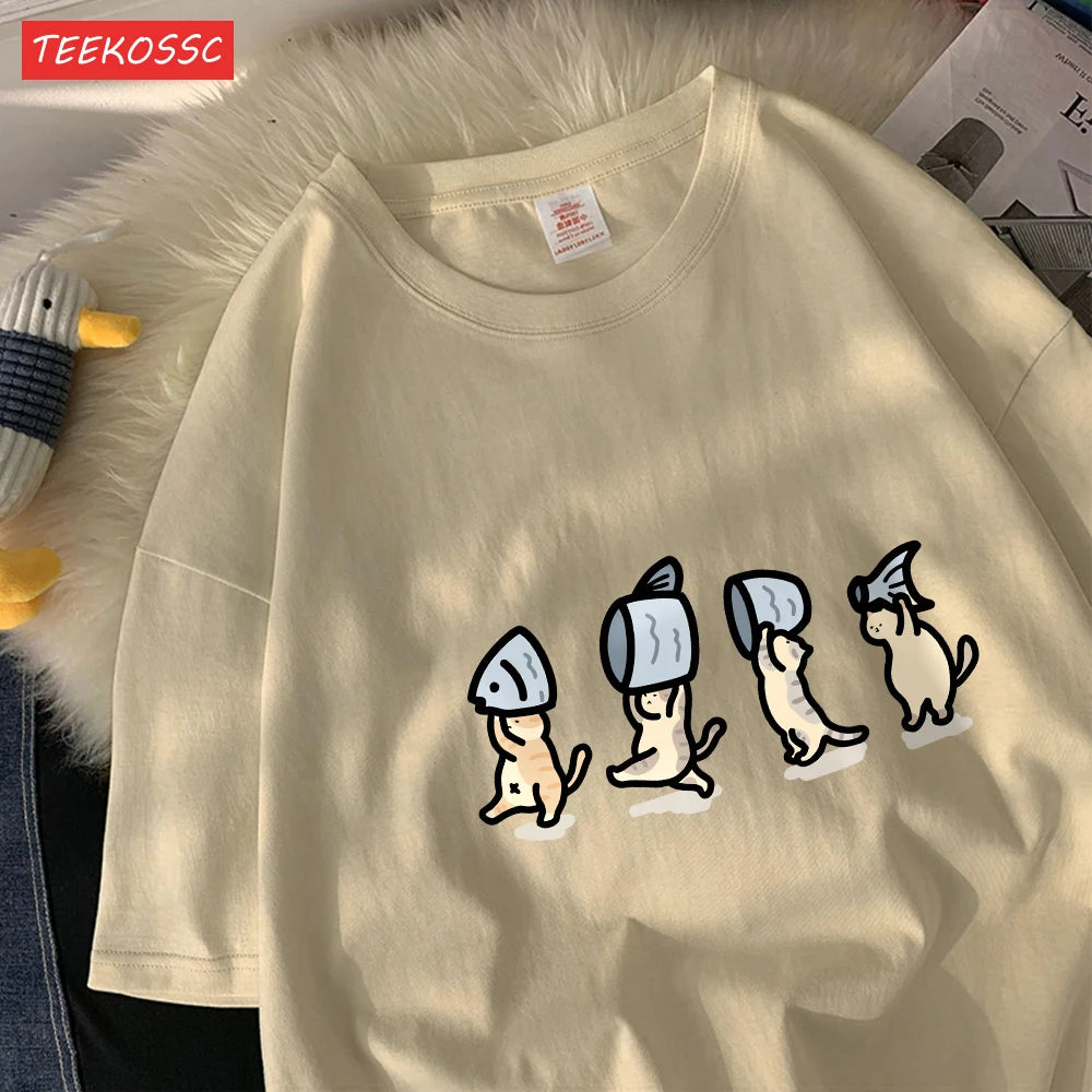 Четири малки котки, държащи рибен памук, дамски тениски с анимационни принтове, меки тениски с О-образно деколте, широки топове с къс ръкав, летни дрехи