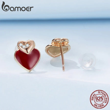 Сребърни обеци BAMOER 925, изработени от сребро, с двойни сърца и панделка, за жени, тийнейджъри, сладки бижута Huggies