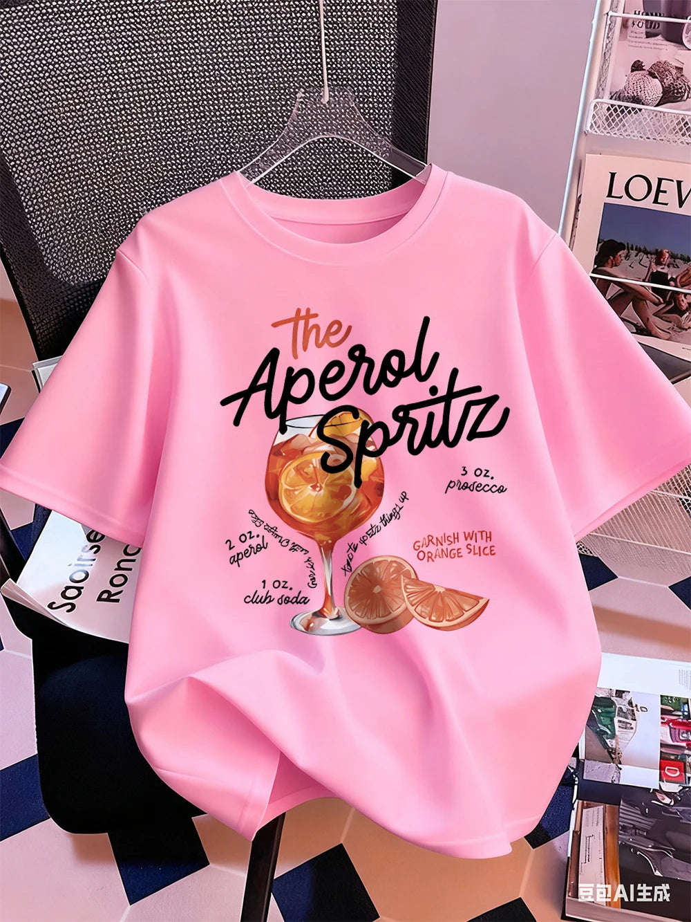 Тениска с щампи на Aperol Spritz с лимон, дамски памучен летен топ с къс ръкав, удобна широка тениска с О-образно деколте, спортни дрехи