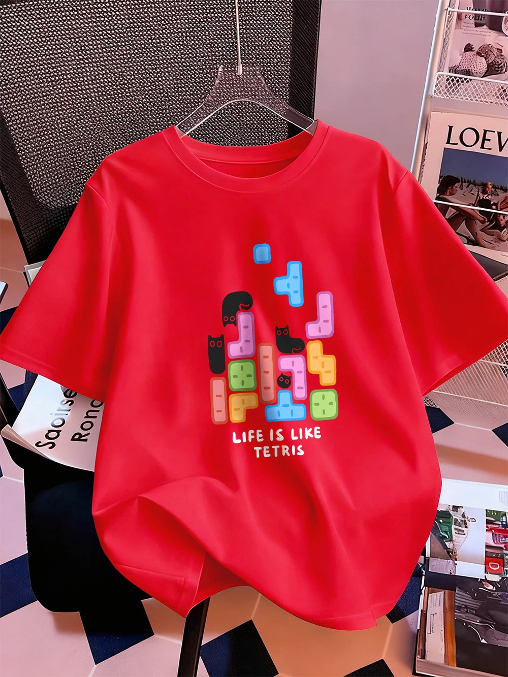 Животът е като тениска с щампа на тетрис, дамска памучна лятна тениска с къс ръкав, широка мека тениска с О-образно деколте, ежедневни дамски дрехи
