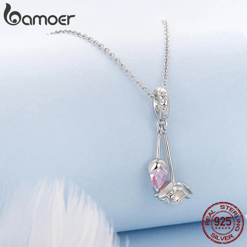 Bamoer 925 Стерлингово Сребро Подвижна Висулка с Цвете Овални Розови Мъниста за Жени Тийнейджъри Направи си сам Романтични Пролетни Бижута Подарък