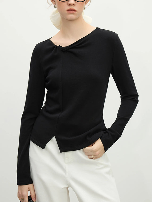 FSLE Дамски бежов памучен топ с дълъг ръкав 2025 Пролетен дамски черен пуловер с неправилна яка, дамска тениска