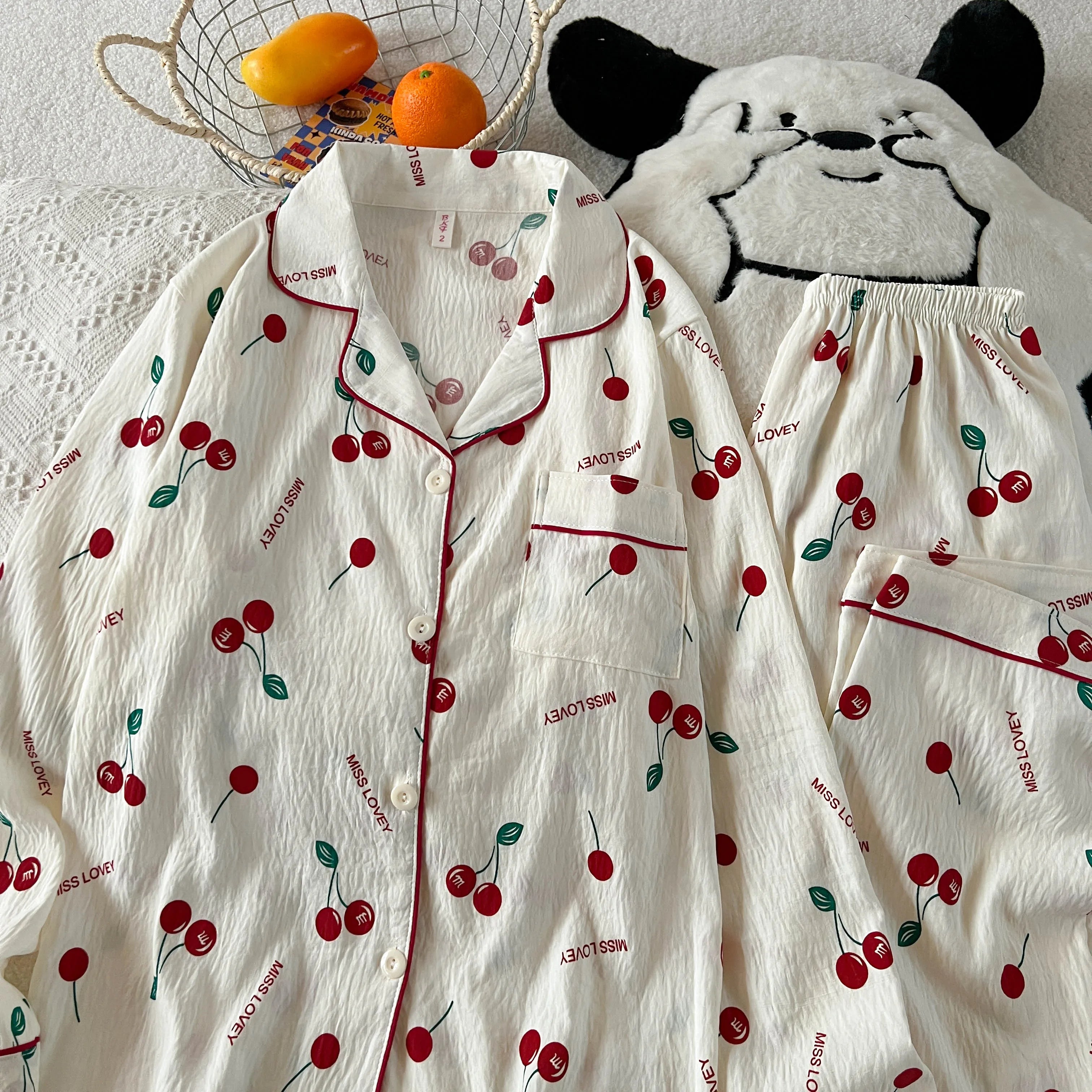 Дамски пижамен комплект с черешов принт, есенно-пролетен кариран принт, домашен комплект с дълъг ръкав, жилетка и панталон