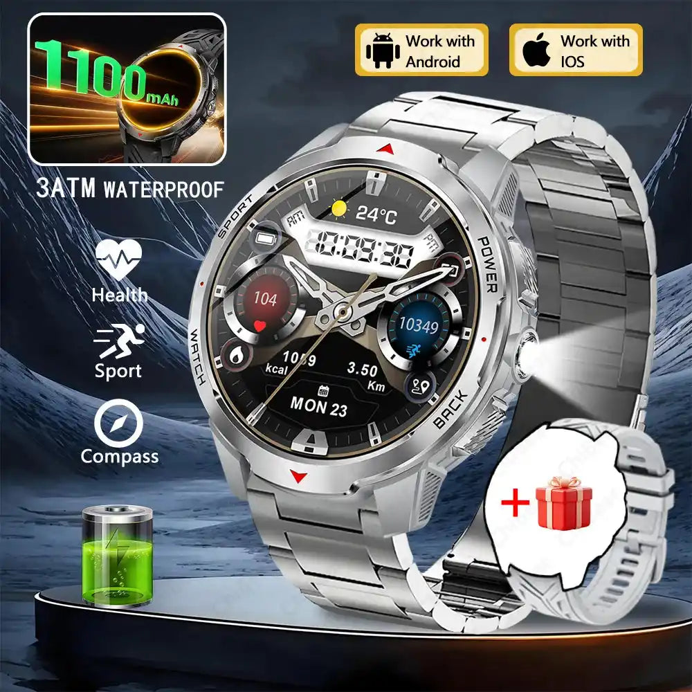 1100mAh военен смарт часовник за мъже на открито 1.7-инчов голям дисплей компас спортен часовник IP68 водоустойчив Bluetooth смарт часовник за обаждания