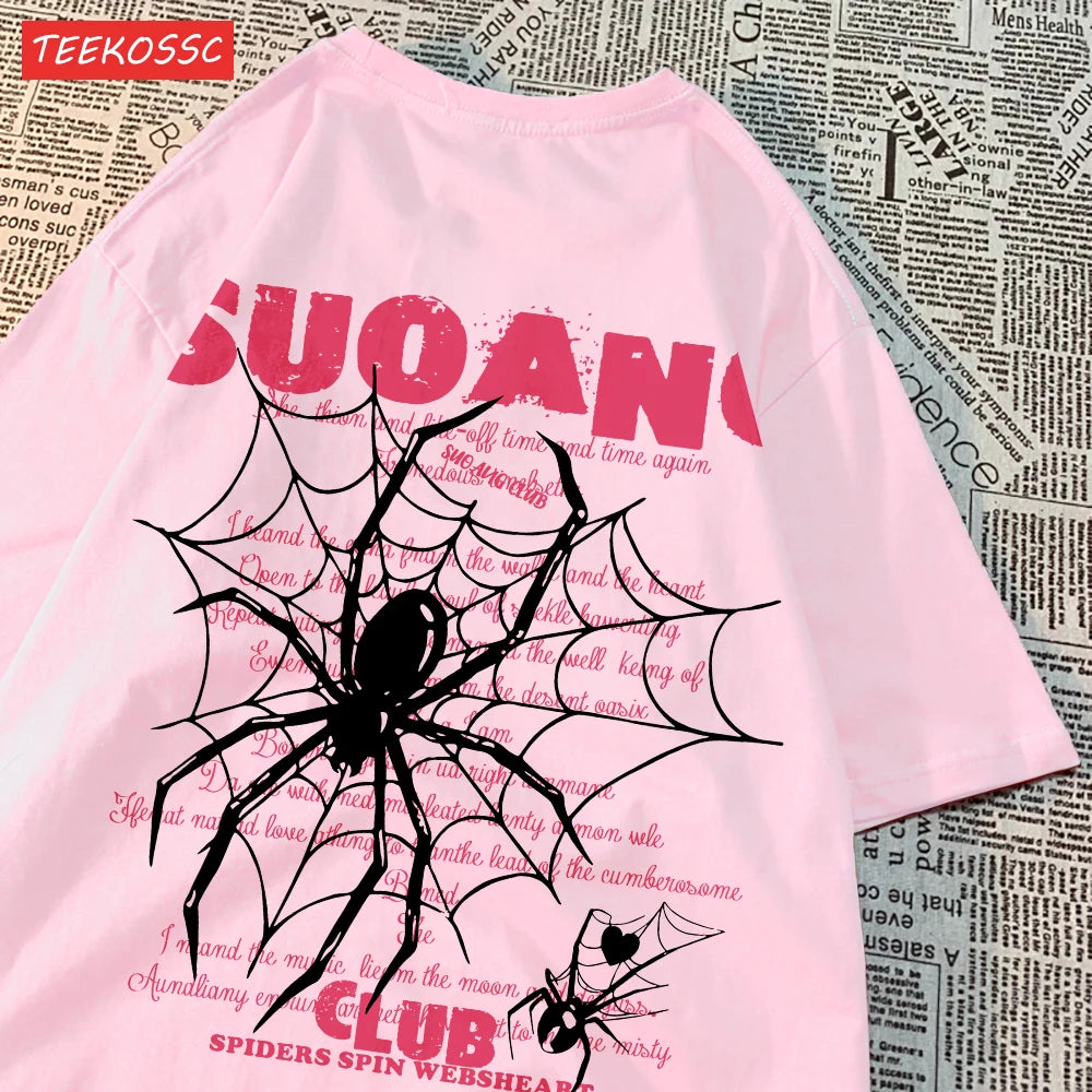 Модни памучни дамски тениски Suo Ang Club Spider Print Tops Oversize O-neck Soft Short Sleeve Summer Casual Damske Dress