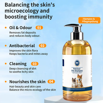 PetClear Шампоан за кучета и котки - 500 мл, против сърбеж и контрол на миризмата, хипоалергенен, без алкохол, за дълбоко почистване и грижа за козината