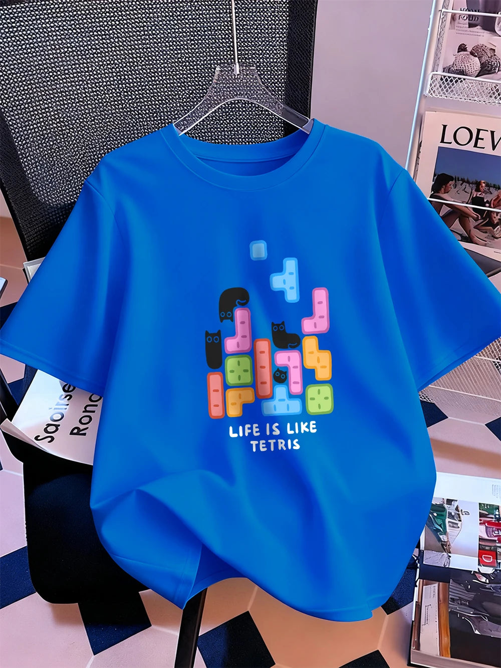 Животът е като тениска с щампа на тетрис, дамска памучна лятна тениска с къс ръкав, широка мека тениска с О-образно деколте, ежедневни дамски дрехи