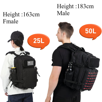 25L/50L Тактическа раница, ловна MOLLE раница, фитнес зала за мъже, EDC раница за туризъм на открито, вещица с 2 държача за бутилки