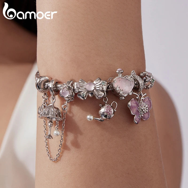 Bamoer 925 стерлингово сребро кристал розов пролетен чар цвете панделка дистанционер мъниста ретро висулка за жени DIY бижута романтичен подарък