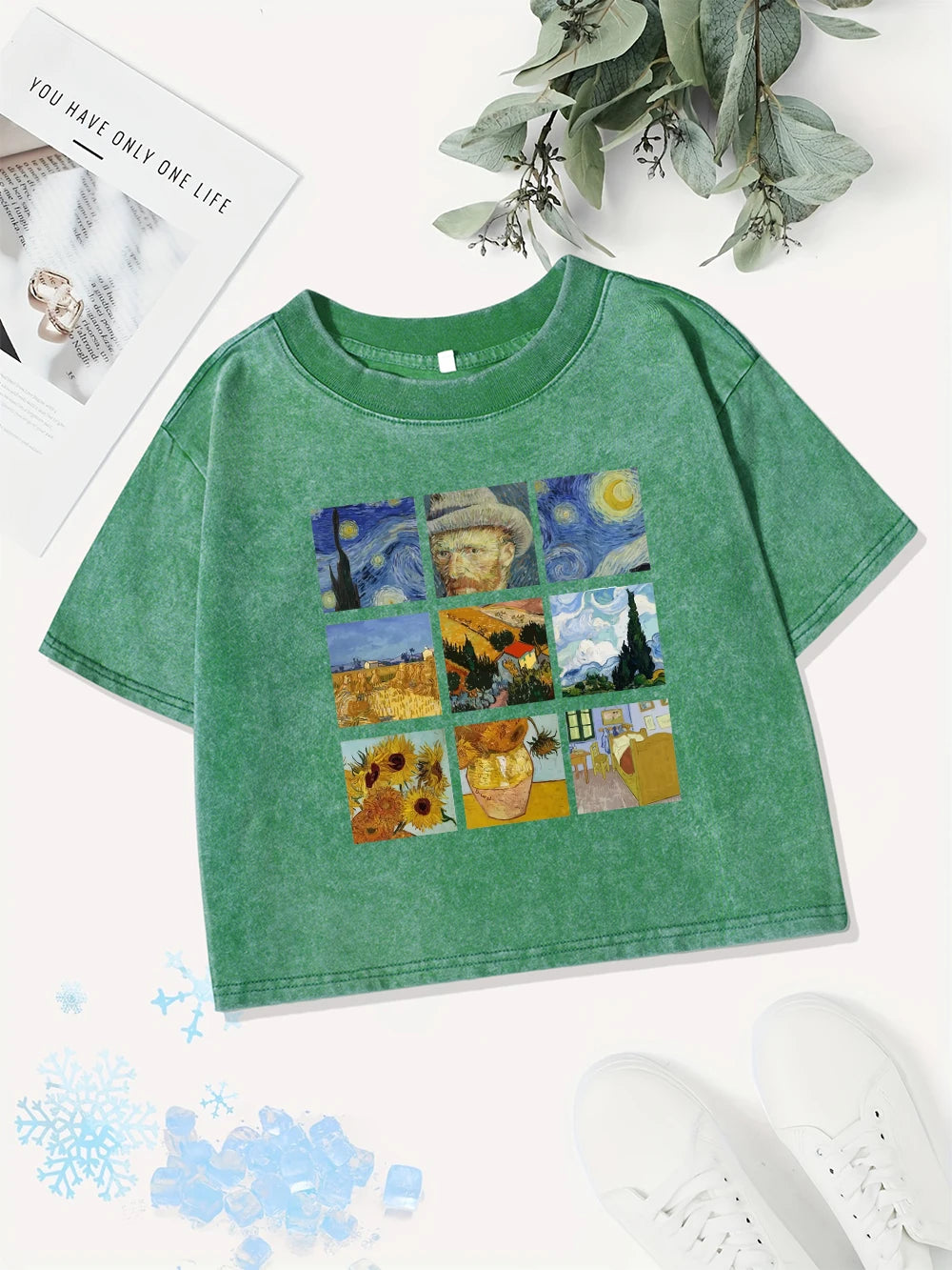 Памучни къси топове за жени, тениска с щампи на Ван Гог „Звездна нощ“, слънчогледи и щампи, изпрана, Y2K O-образно деколте, нормална кройка, летни дрехи