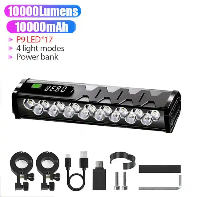 Велосипедна светлина 10000mAh 17 LED велосипедна светлина Предна акумулаторна LED фенерче 10000LM Фар с Power Bank Аксесоари за велосипеди