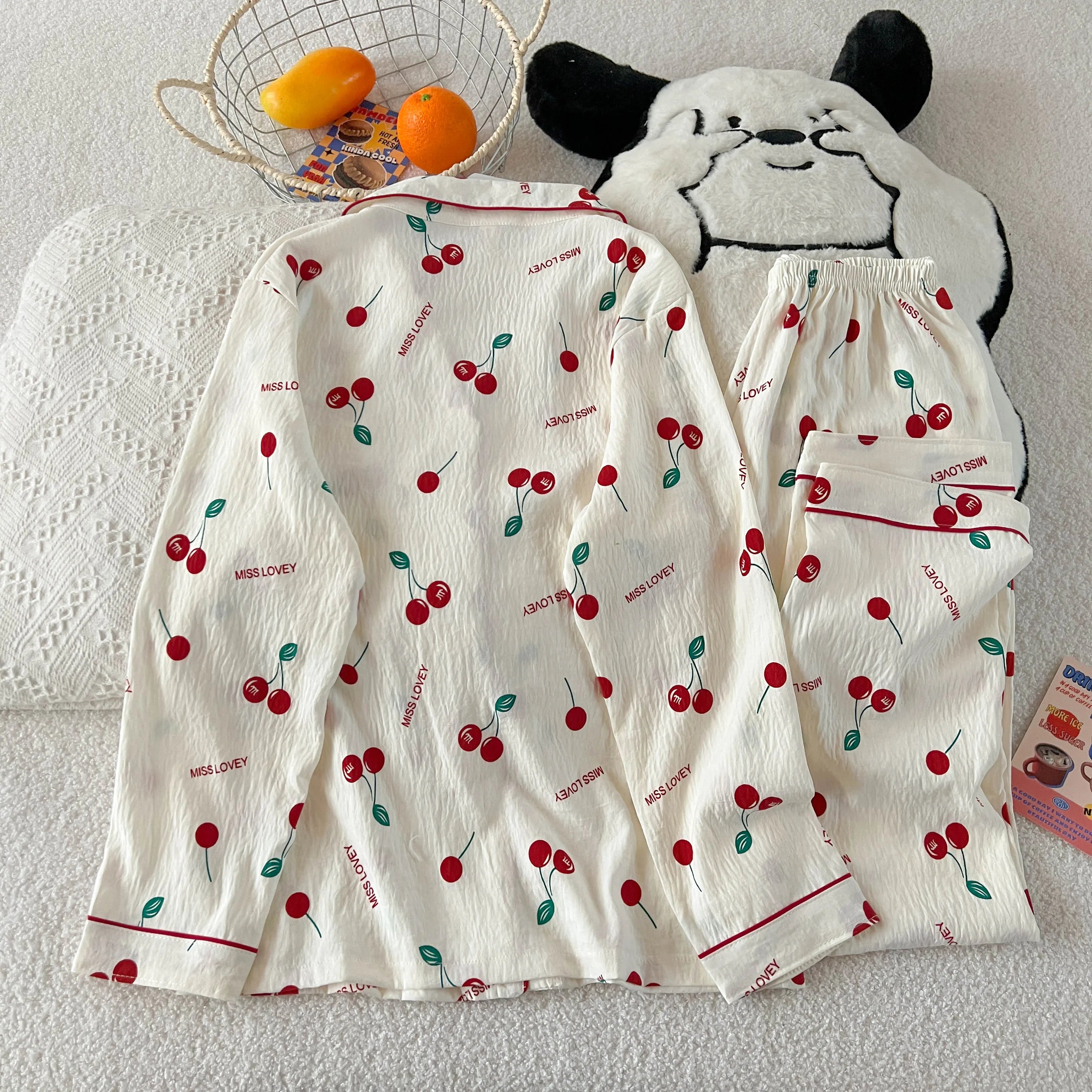 Дамски пижамен комплект с черешов принт, есенно-пролетен кариран принт, домашен комплект с дълъг ръкав, жилетка и панталон