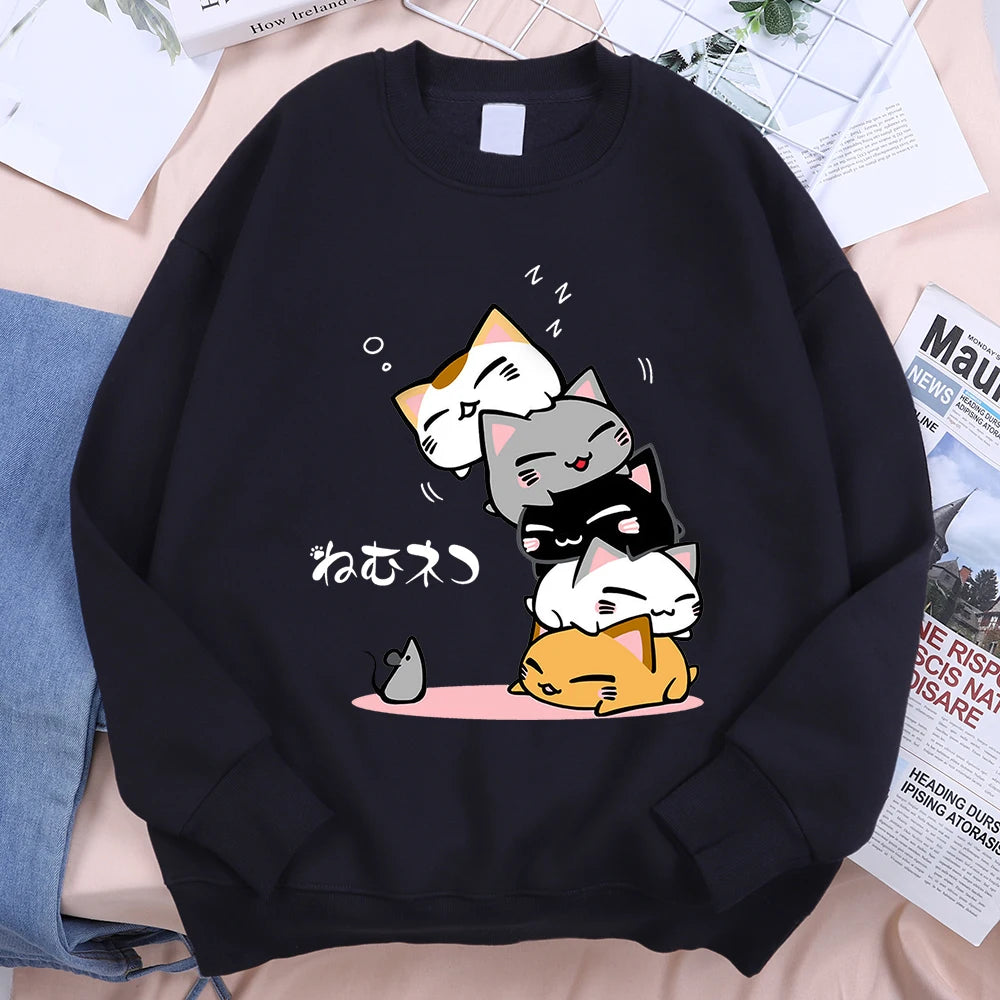 Сладки подредени котки, спящи, не виждай мишката, мъжки дрехи, аниме пуловер с качулки, свободен полар, суичър с качулка, ежедневен с О-образно деколте, улично облекло