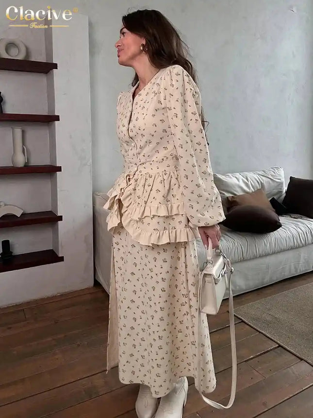 Дамски комплект от две части Clacive Fashion Loose Print 2025, елегантна риза с дълъг ръкав и висока талия, пола до глезена