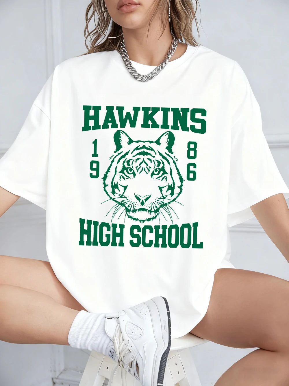 Памучни тениски с щампи на Hawkins за жени, летни топове с къс ръкав, улична тениска с О-образно деколте, големи размери, ежедневни дамски дрехи