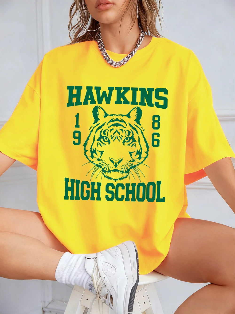 Памучни тениски с щампи на Hawkins за жени, летни топове с къс ръкав, улична тениска с О-образно деколте, големи размери, ежедневни дамски дрехи