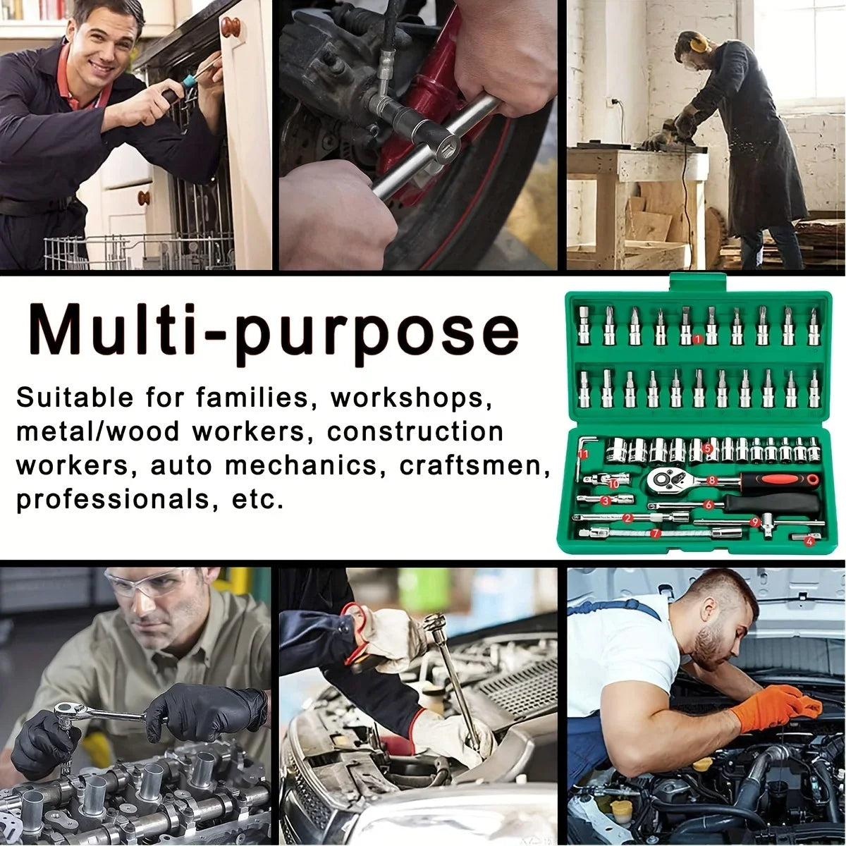 46 бр. Family Tools Комплект инструменти за механик 1/4 за авторемонт с вложки Метричен шестостенен комплект вложки, инчов тресчотка