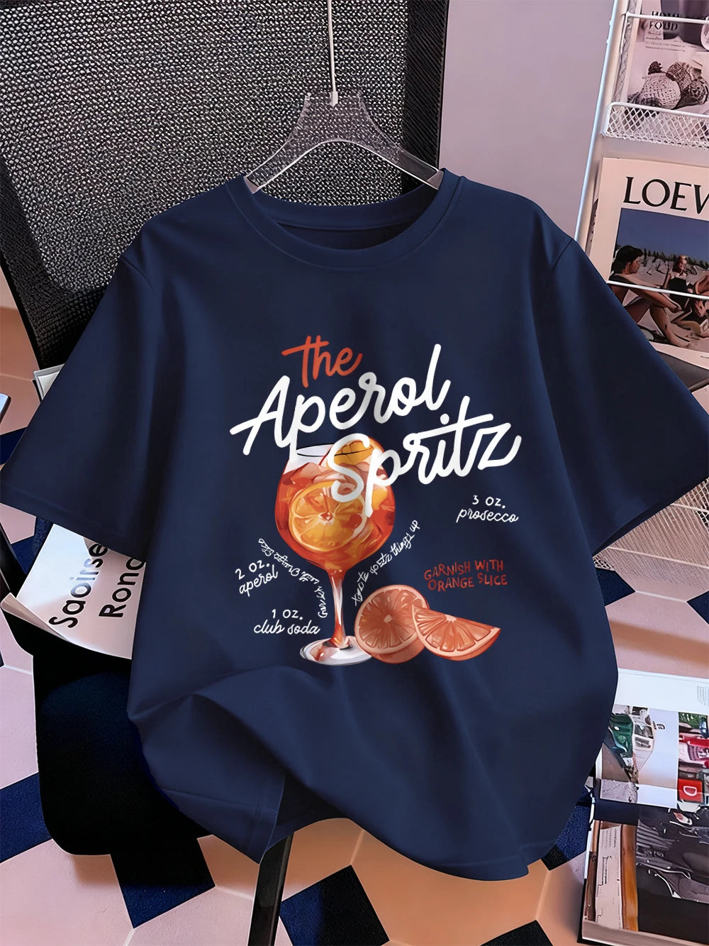 Тениска с щампи на Aperol Spritz с лимон, дамски памучен летен топ с къс ръкав, удобна широка тениска с О-образно деколте, спортни дрехи
