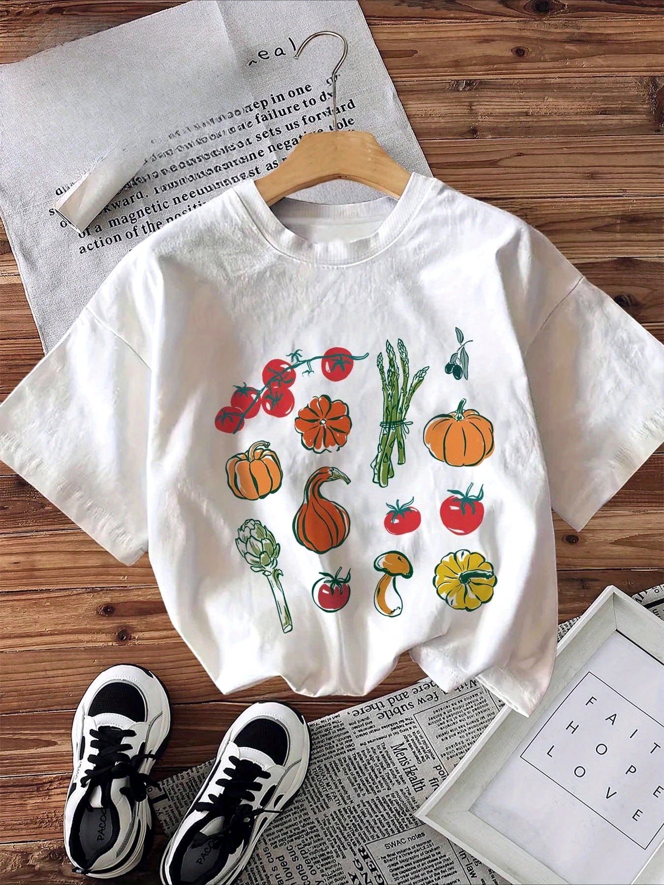 Дамска ежедневна тениска с кръгло деколте и цветен принт на зеленчуци и плодове с къс ръкав за лятно облекло