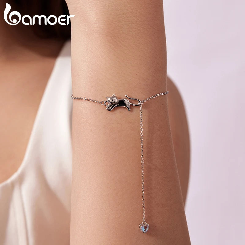 Bamoer 925 стерлингово сребро сладка котка гривна за домашни любимци регулируема верижка с мъниста от лунен камък за жени тийнейджъри семеен подарък