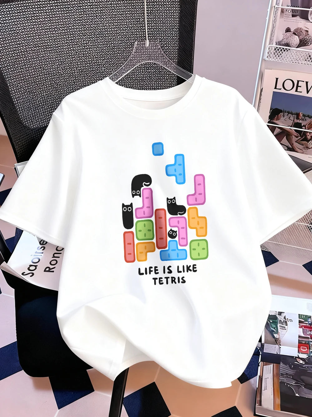 Животът е като тениска с щампа на тетрис, дамска памучна лятна тениска с къс ръкав, широка мека тениска с О-образно деколте, ежедневни дамски дрехи