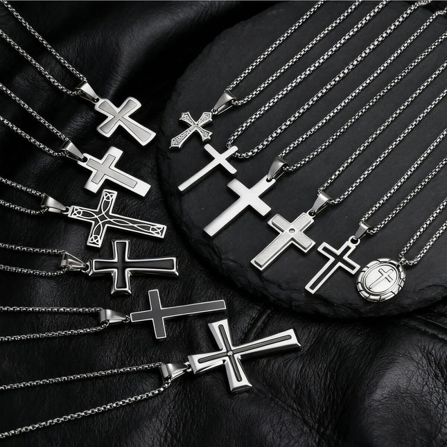 Основно пънк колие с кръст за мъже и момчета, висулка от неръждаема стомана сребърен цвят с кръст, християнски религиозен подарък за бижута