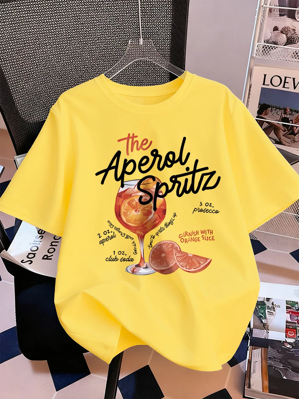 Тениска с щампи на Aperol Spritz с лимон, дамски памучен летен топ с къс ръкав, удобна широка тениска с О-образно деколте, спортни дрехи