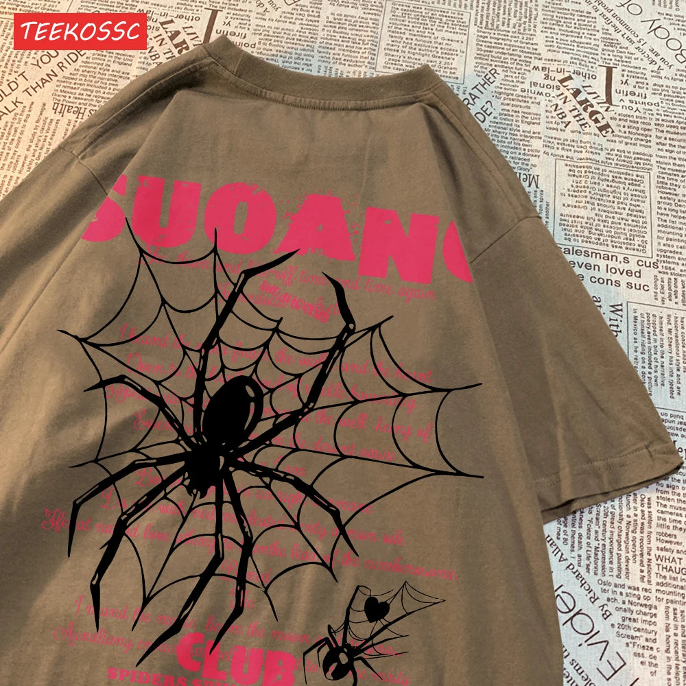 Модни памучни дамски тениски Suo Ang Club Spider Print Tops Oversize O-neck Soft Short Sleeve Summer Casual Damske Dress
