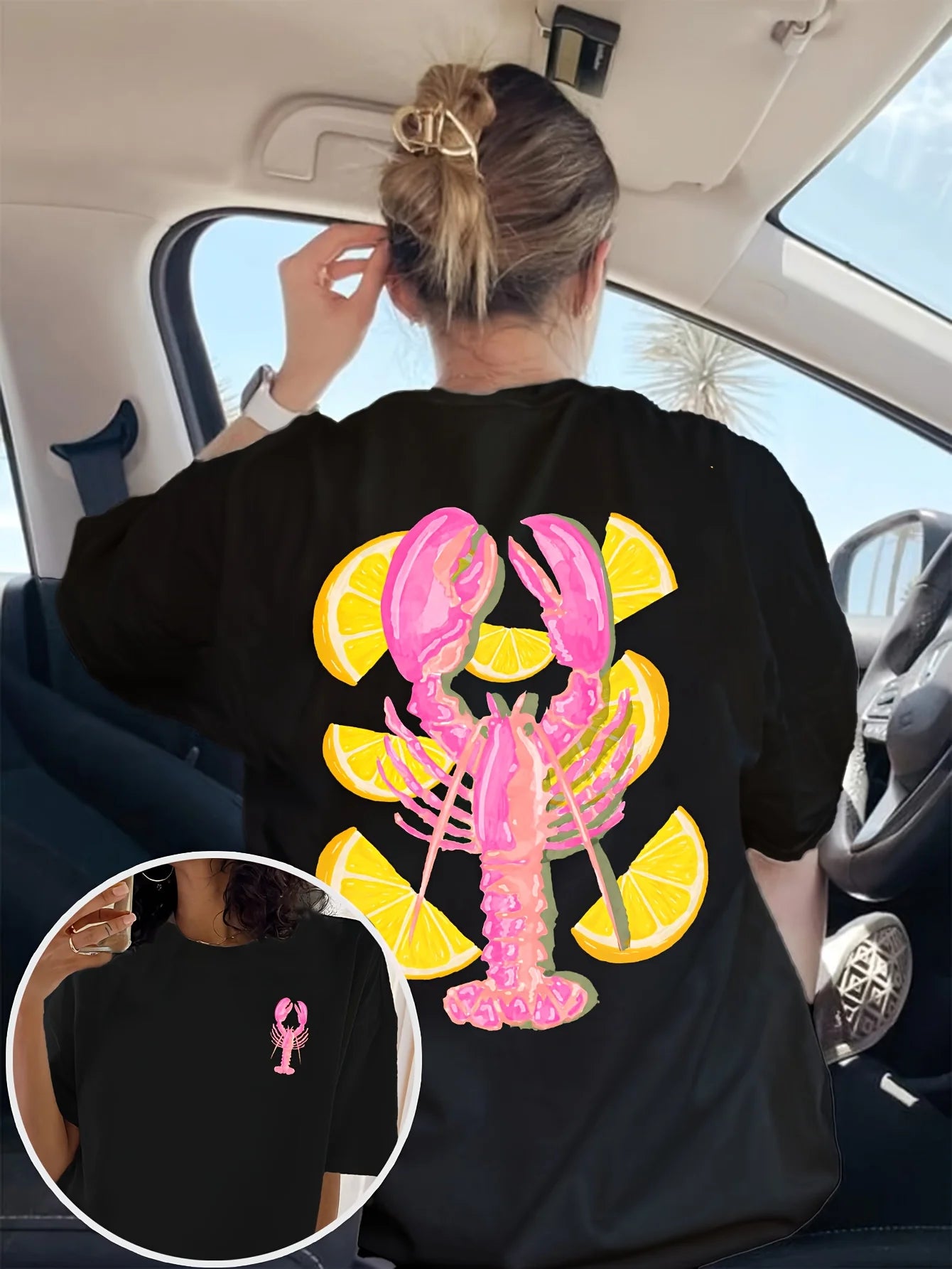 Дамска тениска с къс ръкав с шарка на омар и резен лимон, летен топ, дамско плажно облекло, лятно улично облекло, графични тениски за жени от 2000 г.