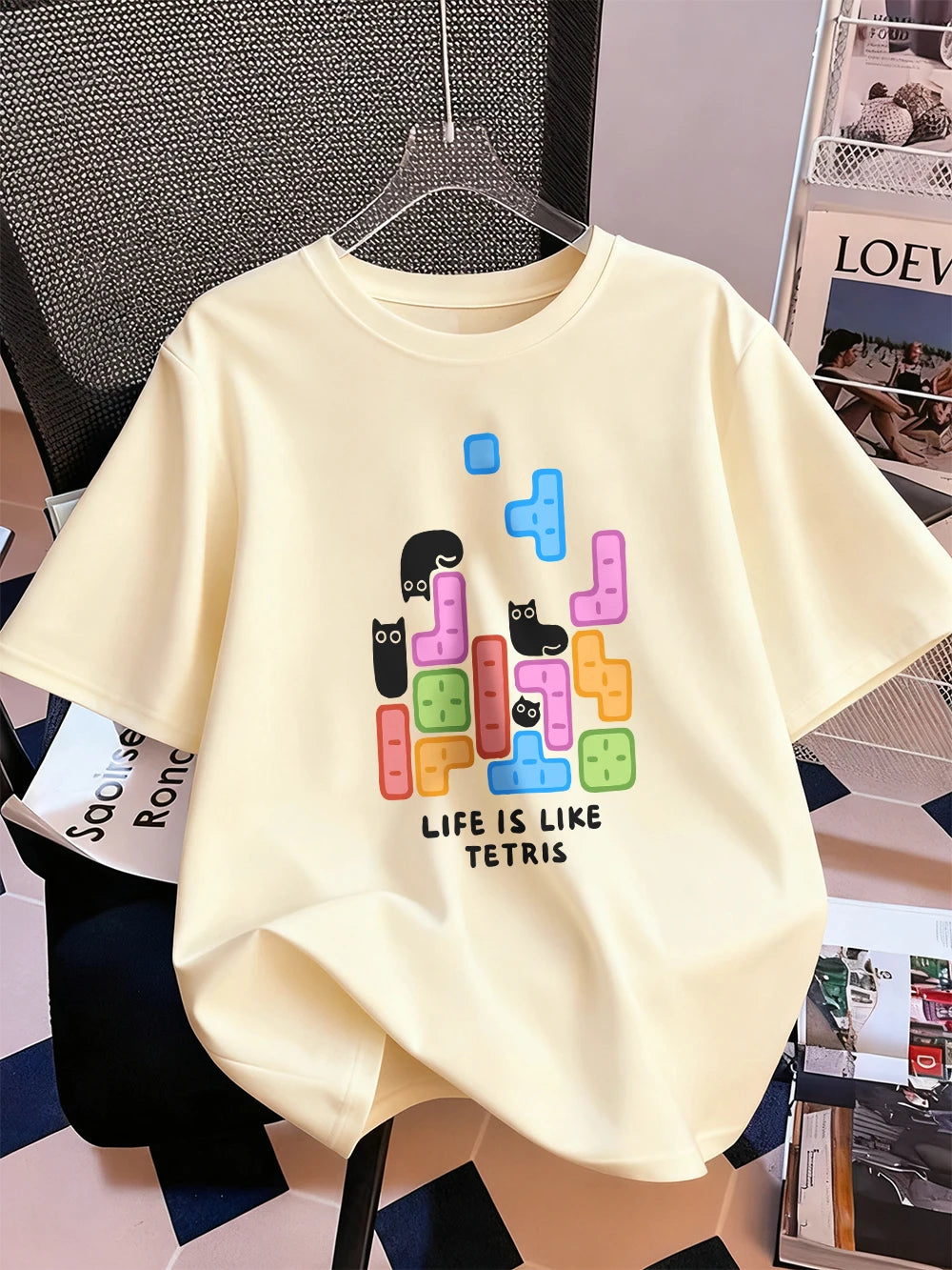 Животът е като тениска с щампа на тетрис, дамска памучна лятна тениска с къс ръкав, широка мека тениска с О-образно деколте, ежедневни дамски дрехи