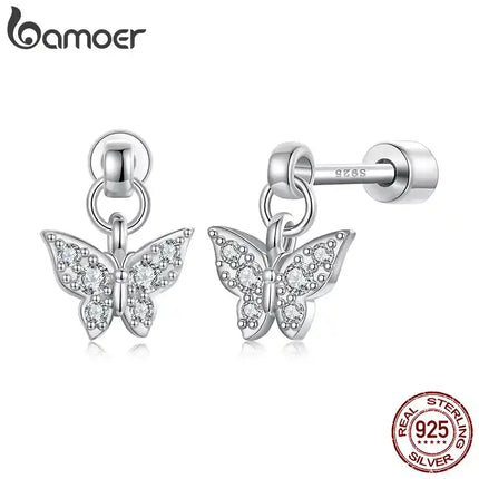 Сребърни обеци BAMOER 925, с пеперуда и завинтващ се гръб, с цирконий, мини обеци с кръст и сърце, хипоалергенни за жени