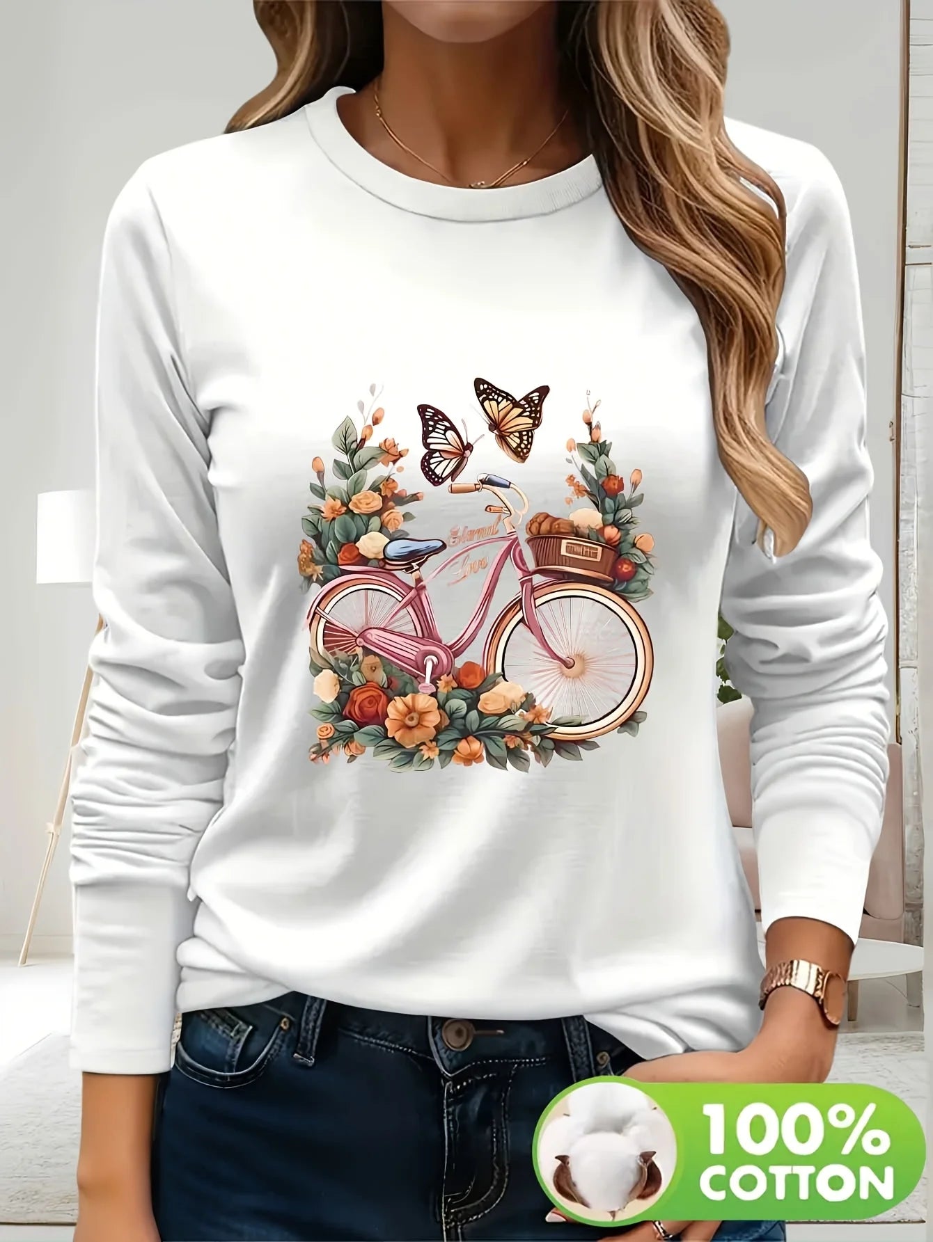 Дамска ежедневна тениска с дълъг ръкав, черна, с флорален принт на велосипеди и пеперуди, 100% памучен топ с кръгло деколте, за пролет/лято
