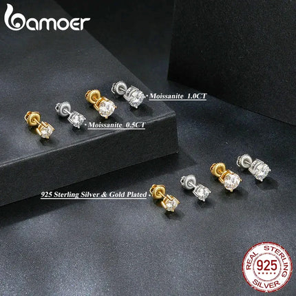 Дамски обеци BAMOER с 4 зъба и моасанит, плътно сребро 925, 2CT VVS1 Lab, с блестящи класически сватбени бижута