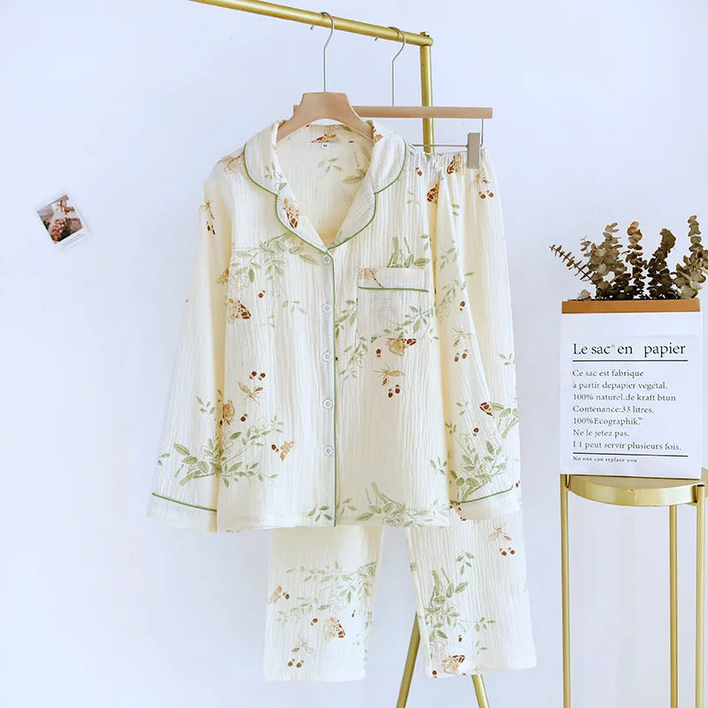 Нови дамски пижами с голям размер, памучни креп панталони с дълъг ръкав, удобни за лятото и есента