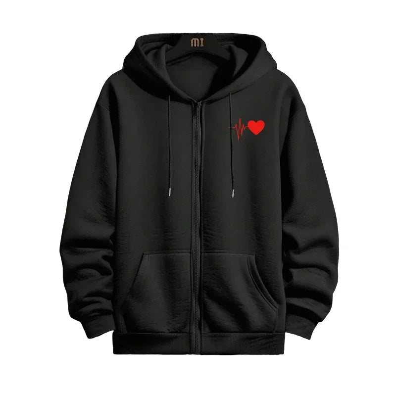 Дамски есенно-зимен комплект анцуг с червен принт на сърце, ежедневен спортен суичър с качулка и цип и джогинг панталон, градска модна блуза