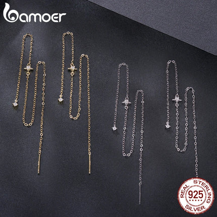 Висящи обеци Bamoer Moissanite с дълга верижка, двоен пиърсинг с конвертируеми обеци от стерлингово сребро 925