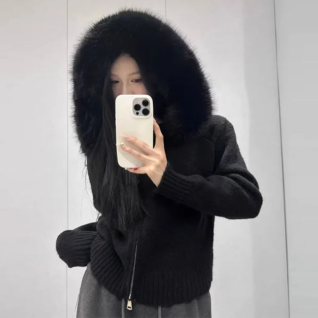 Плетено яке за жени, пролетно модно плетено яке, женско есенно палто с качулка от истинска лисича кожа, естествено късо кожено палто, ежедневно