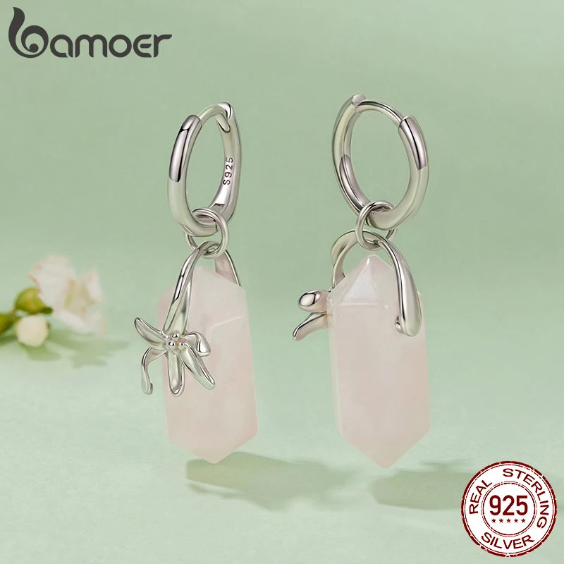 Bamoer 925 стерлингово сребро Обеци с розови естествени кристали Пролетно цвете Висящи обеци за жени Тийнейджъри Романтичен подарък