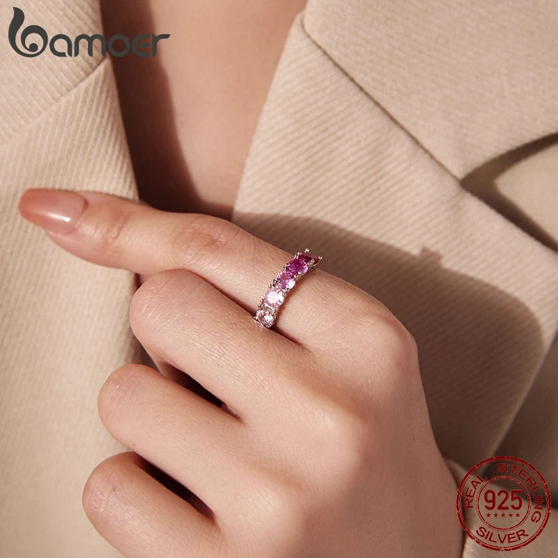 BAMOER Сребърен пръстен 925, прозрачен, градиентен, розов, морско син, половин вечност, павиран CZ пръстен за жени, сладък подарък за рожден ден