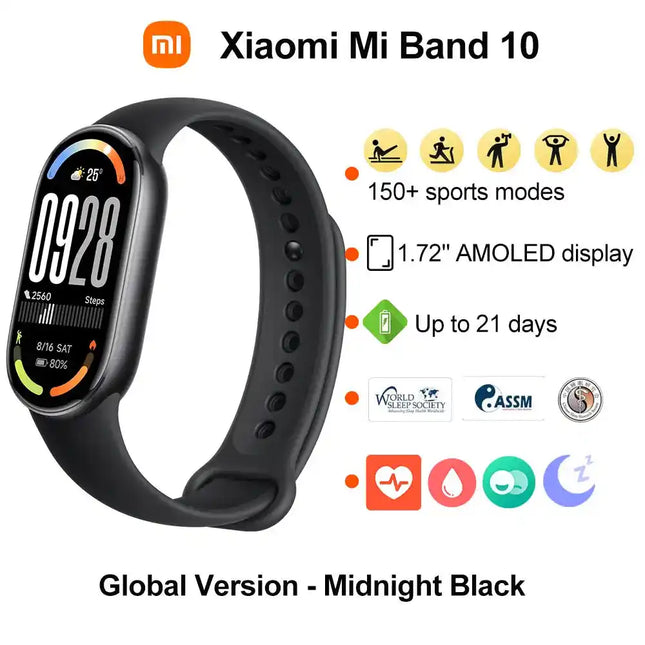 Нова смарт гривна Xiaomi Mi Band 10, 1.72'' AMOLED дисплей, мониторинг на пулса и кислорода в кръвта, 150+ спортни режима, BT5.4 смарт гривна
