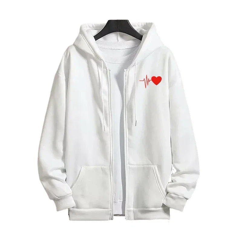 Дамски есенно-зимен комплект анцуг с червен принт на сърце, ежедневен спортен суичър с качулка и цип и джогинг панталон, градска модна блуза