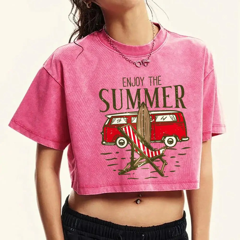 Дамски памучни тениски от пране, летни, нормални, с О-образно деколте, къси тениски, насладете се на модата, когато тя идва, щампи, топове, улични дрехи