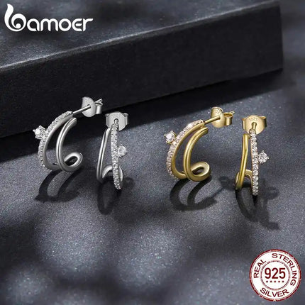 Обеци BAMOER с моисанит, двуслойни, с форма на халка, цвят D, кръгла шлифовка, сребро 925 за жени