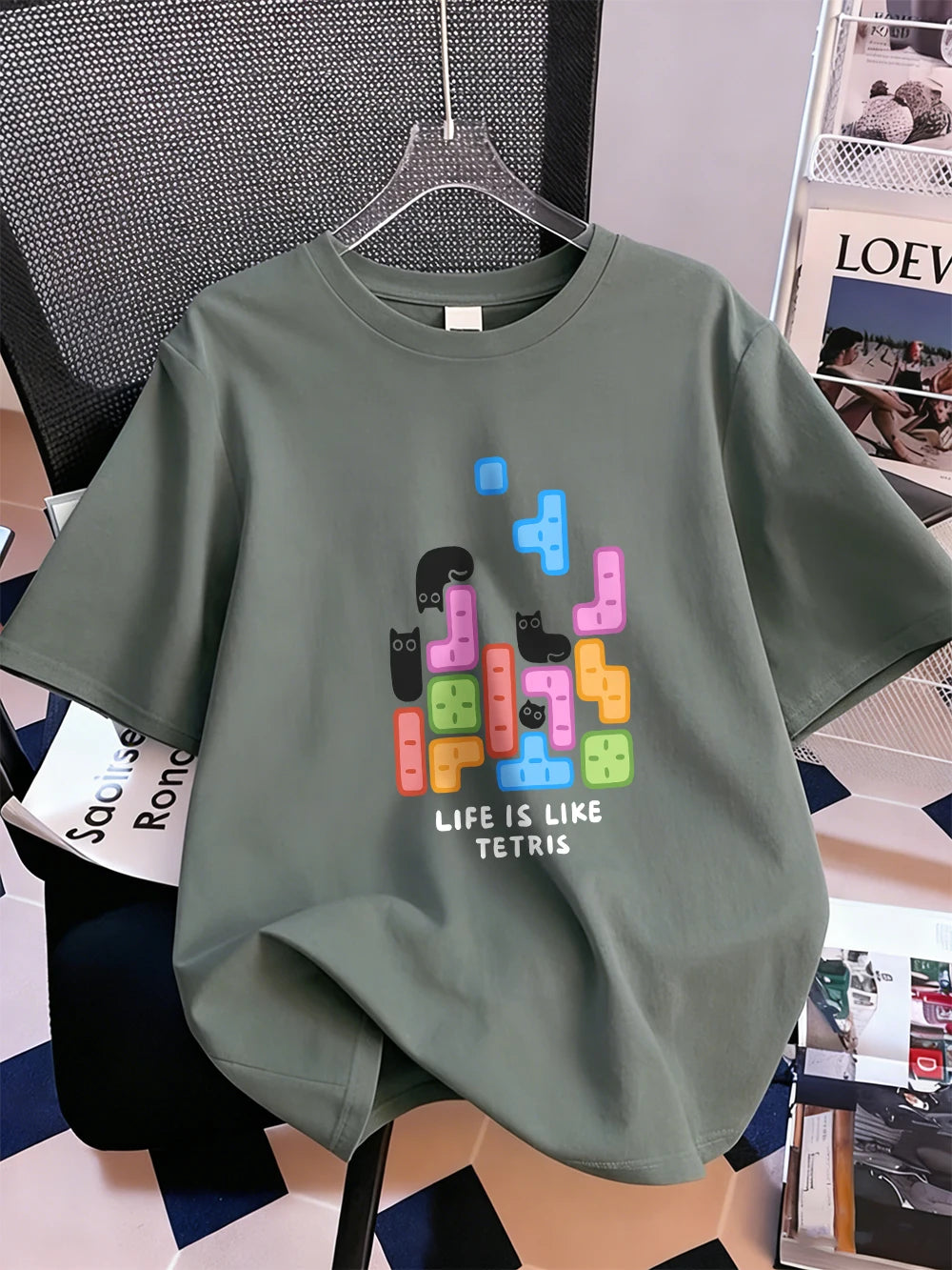 Животът е като тениска с щампа на тетрис, дамска памучна лятна тениска с къс ръкав, широка мека тениска с О-образно деколте, ежедневни дамски дрехи