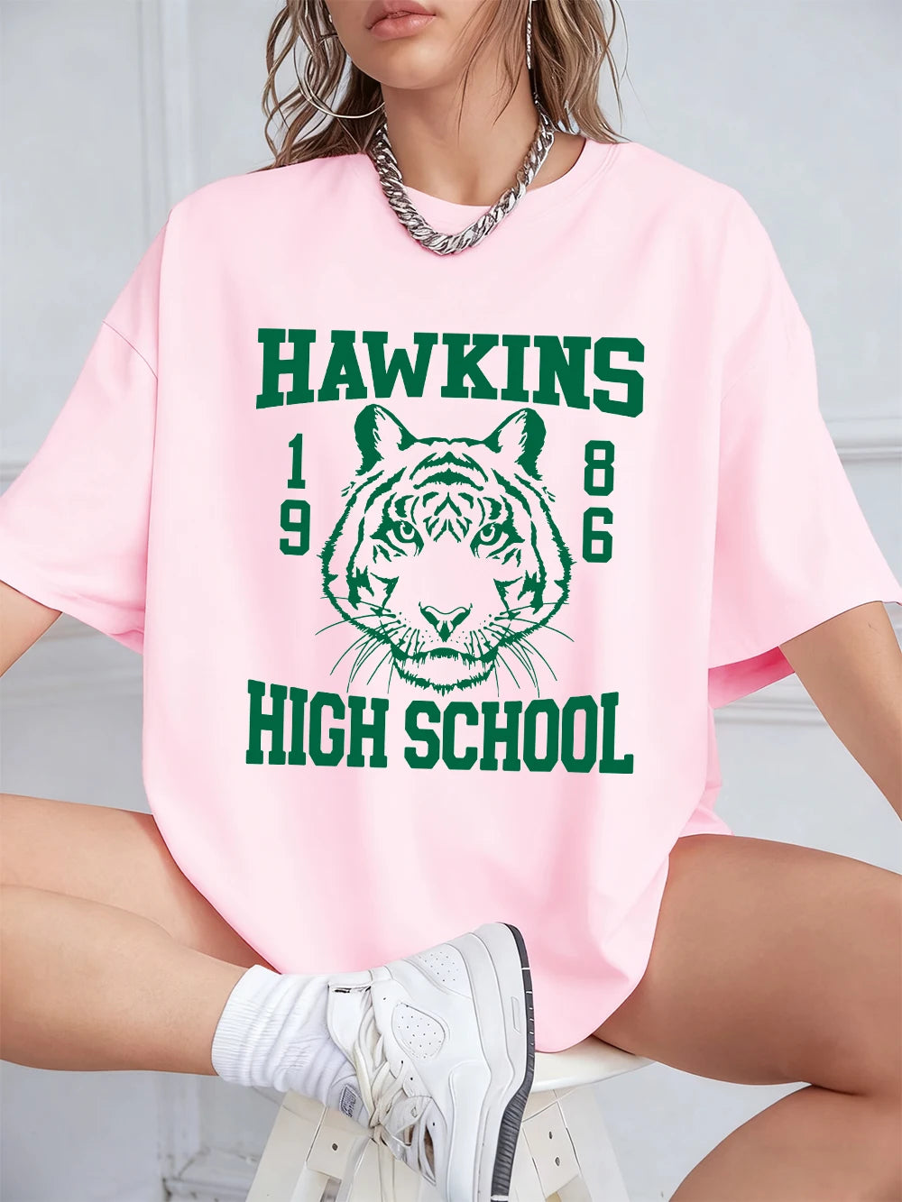 Памучни тениски с щампи на Hawkins за жени, летни топове с къс ръкав, улична тениска с О-образно деколте, големи размери, ежедневни дамски дрехи