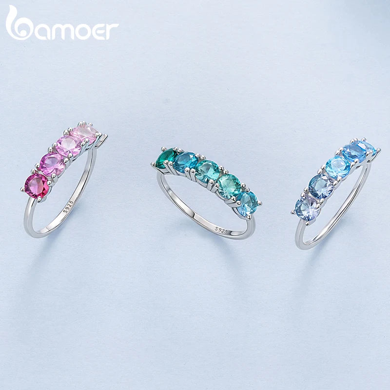 BAMOER Сребърен пръстен 925, прозрачен, градиентен, розов, морско син, половин вечност, павиран CZ пръстен за жени, сладък подарък за рожден ден